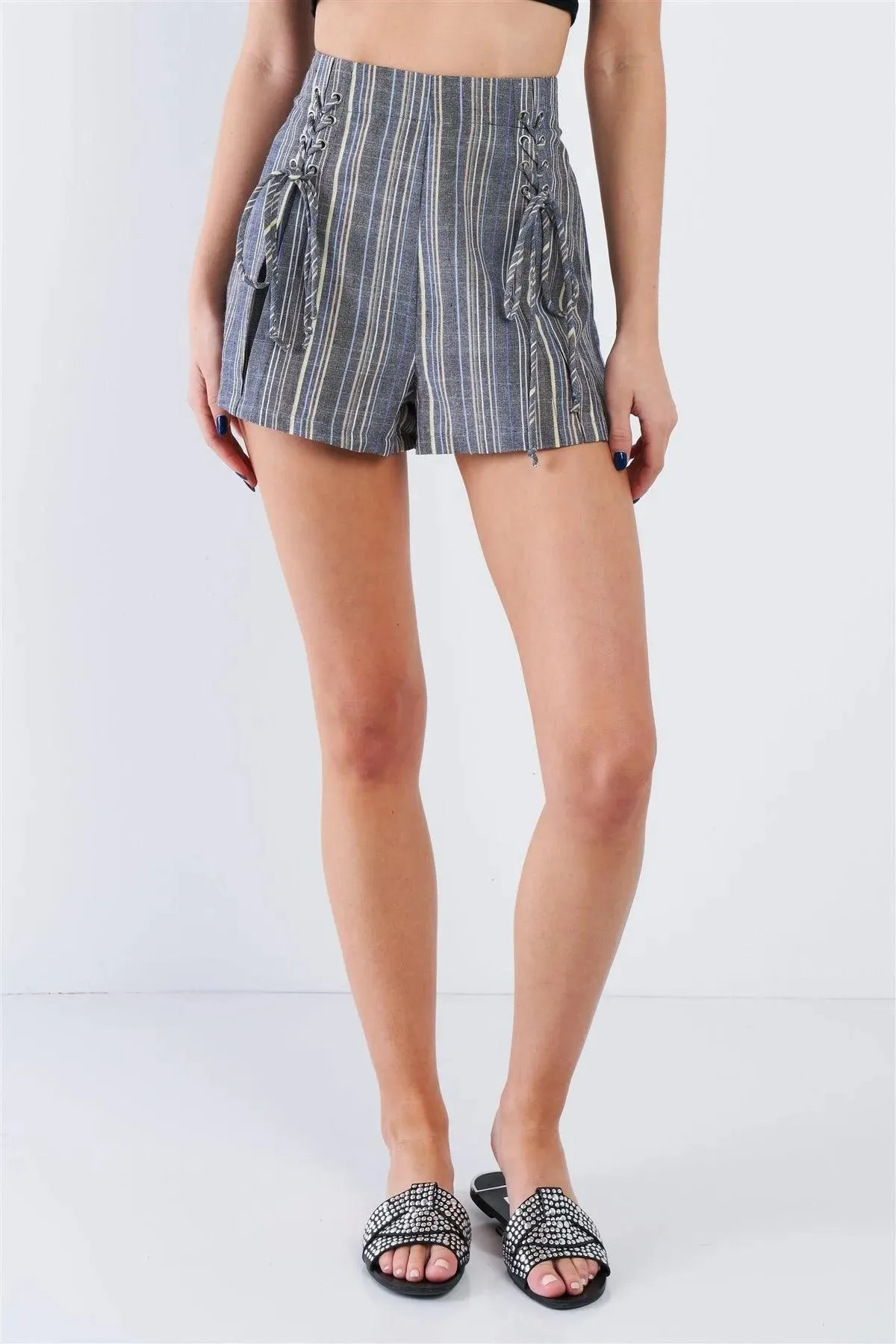 Multi Boho Chic Stripe Mock Lace Up Waist Mini Short /3-2-1