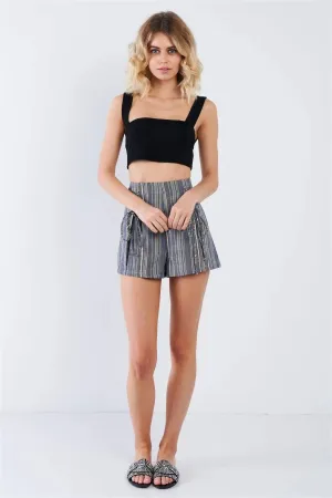 Multi Boho Chic Stripe Mock Lace Up Waist Mini Short /3-2-1