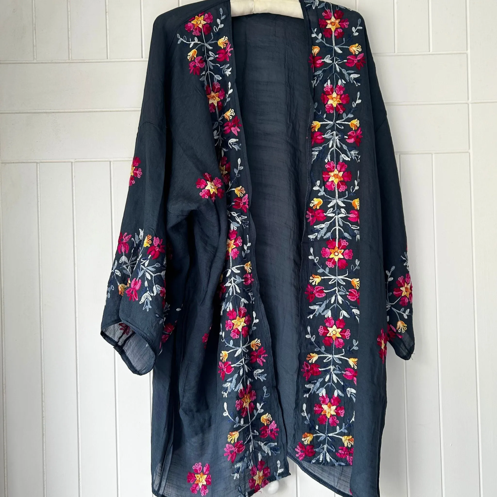 Navy Floral Embroidered Kimono