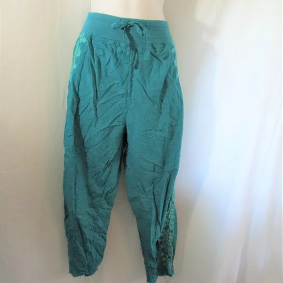 NEW SUNDANCE EMBROIDERED Pant Beach Boho Hippie S BLUE TURQUOISE