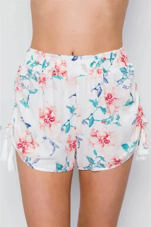 Off White Floral Print Mid Rise Tassel Short / 2-2-2