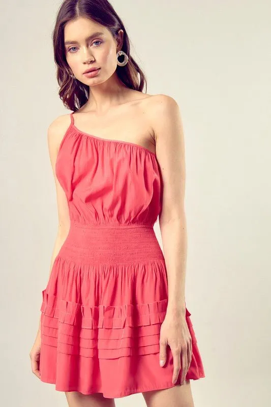One-Shoulder Pleated Mini Dress