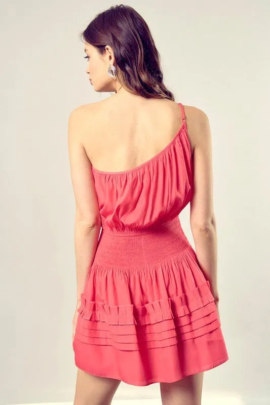 One-Shoulder Pleated Mini Dress