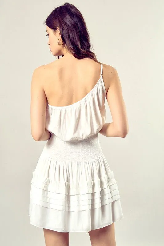 One-Shoulder Pleated Mini Dress