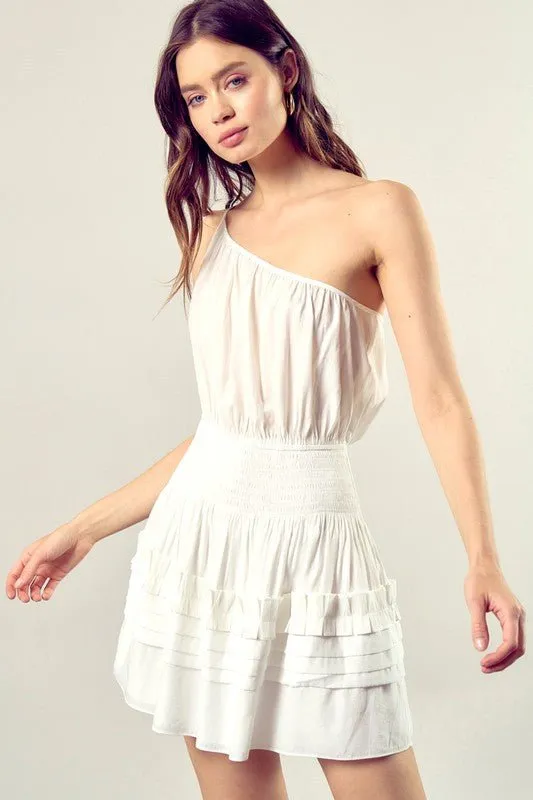 One-Shoulder Pleated Mini Dress