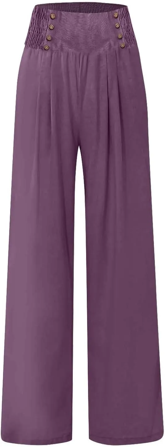 Palazzo Pants For Women Casual Plus Size Trouser Summer Boho Wide Leg Smocked High Waist Casual Loose Lounge Pants