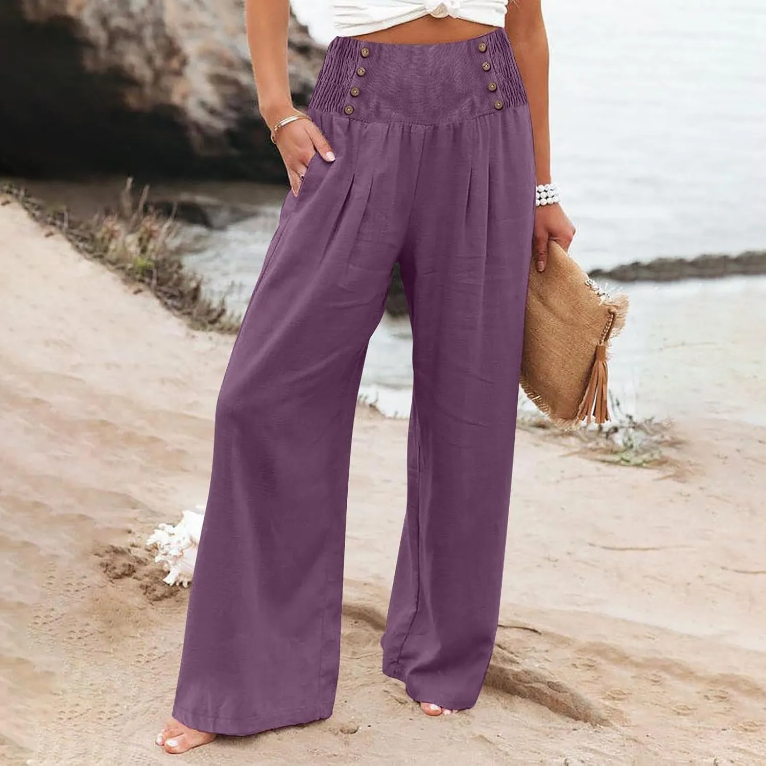 Palazzo Pants For Women Casual Plus Size Trouser Summer Boho Wide Leg Smocked High Waist Casual Loose Lounge Pants