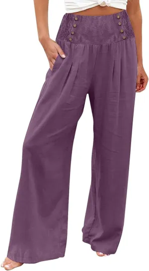 Palazzo Pants For Women Casual Plus Size Trouser Summer Boho Wide Leg Smocked High Waist Casual Loose Lounge Pants