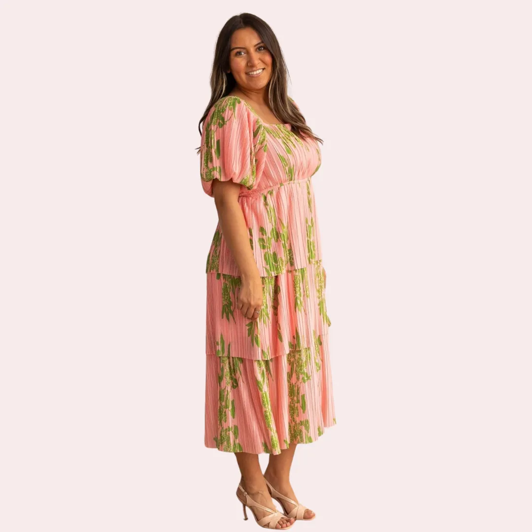 Pink Floral Puff Sleeve Midi Dress
