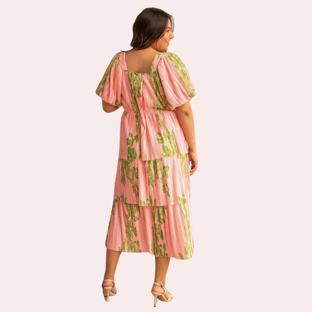 Pink Floral Puff Sleeve Midi Dress