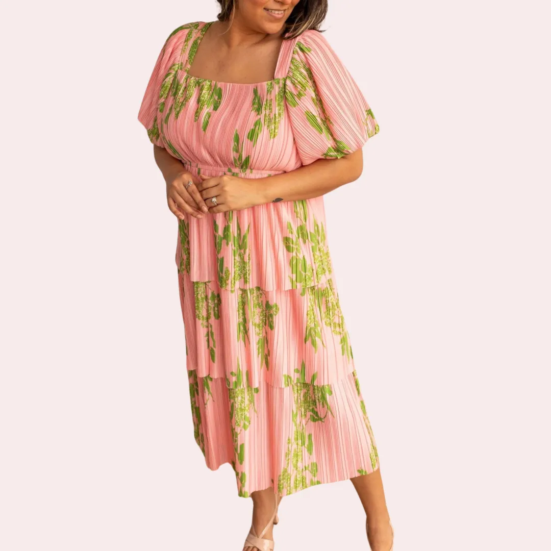 Pink Floral Puff Sleeve Midi Dress