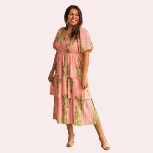 Pink Floral Puff Sleeve Midi Dress