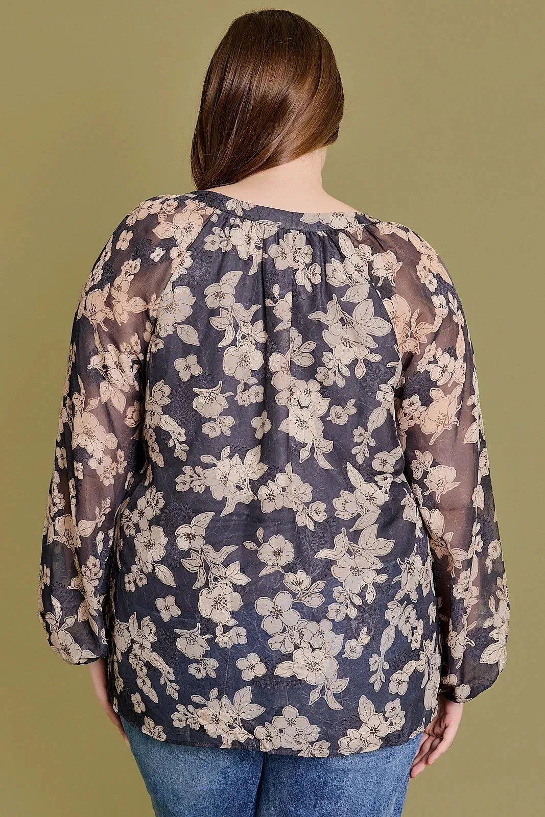 Plus Size Floral V-Neck Sheer Top