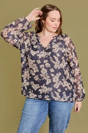 Plus Size Floral V-Neck Sheer Top