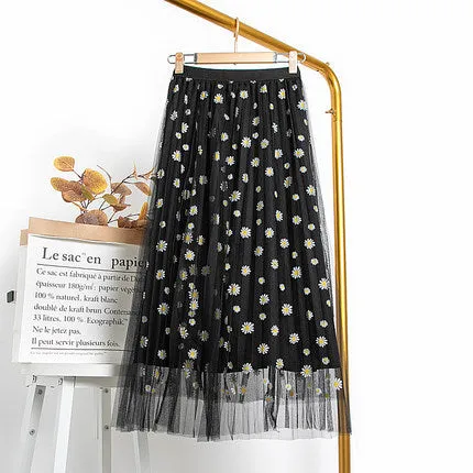 Printed Mesh Daisy Chiffon A-Line Drape Floral Fairy-Look Summer Slim Look Mid-Length Skirt