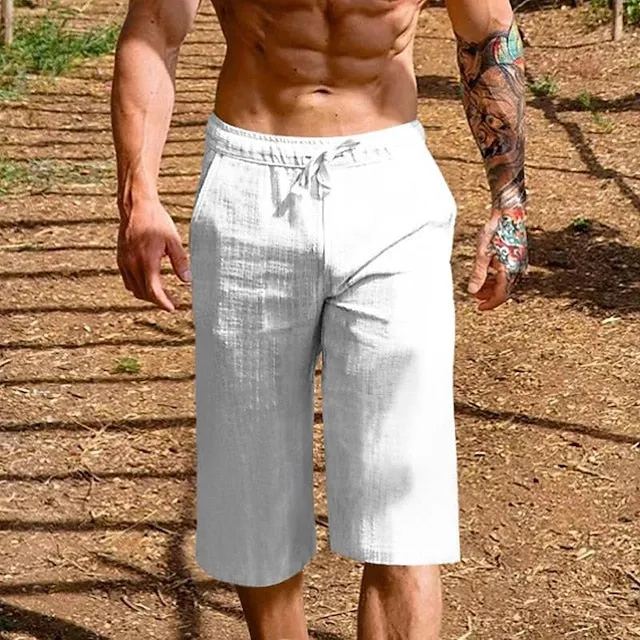 Riolio Men's Linen Shorts Summer Shorts Beach Shorts Pocket Drawstring Elastic Waist Plain Comfort Breathable Knee Length Holiday Vacation Beach Hawaiian Boho Black White
