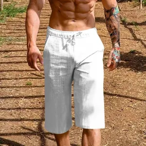 Riolio Men's Linen Shorts Summer Shorts Beach Shorts Pocket Drawstring Elastic Waist Plain Comfort Breathable Knee Length Holiday Vacation Beach Hawaiian Boho Black White