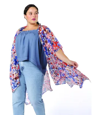 Salehi Printed Chiffon Kimono | Red / Azure Blue