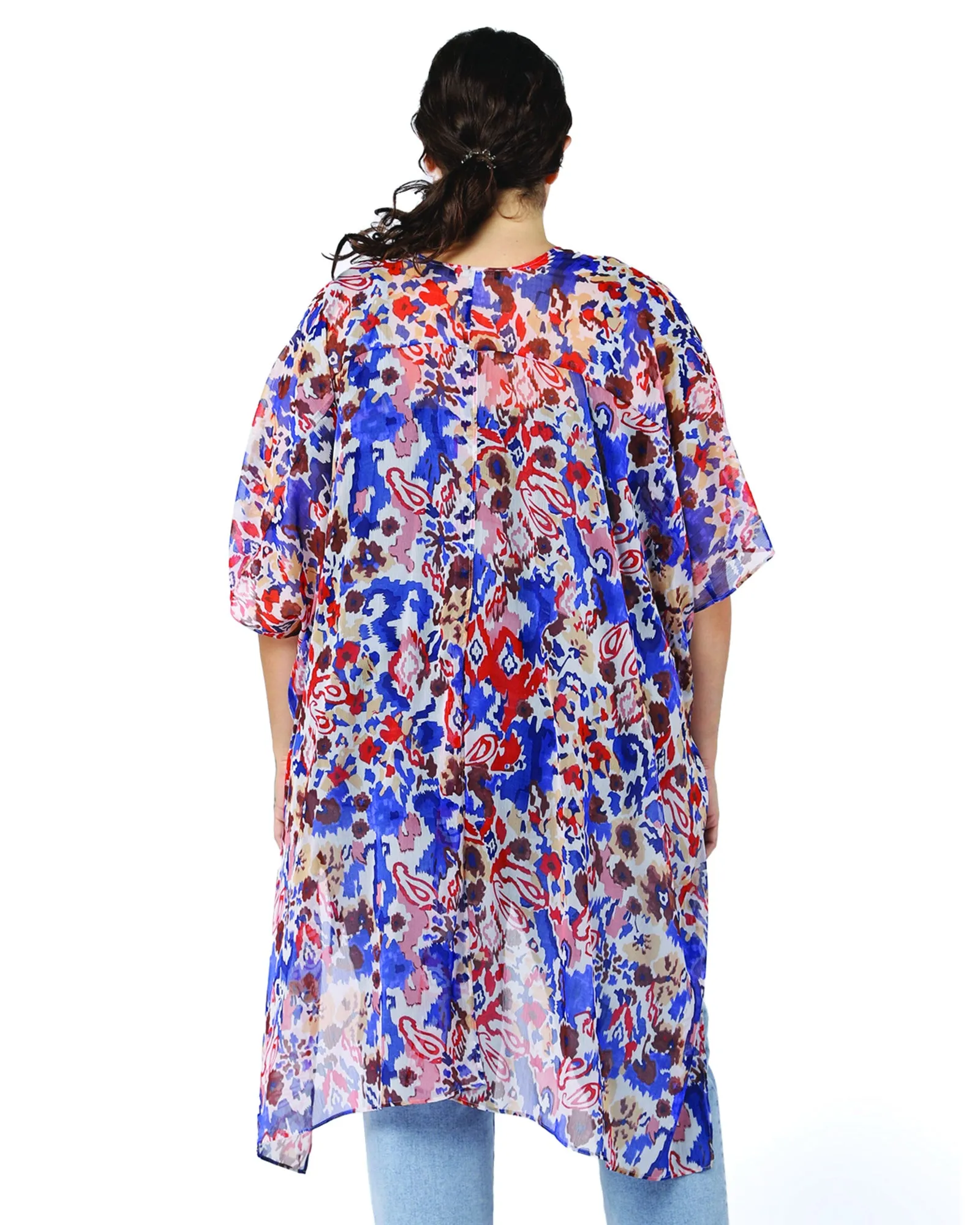 Salehi Printed Chiffon Kimono | Red / Azure Blue