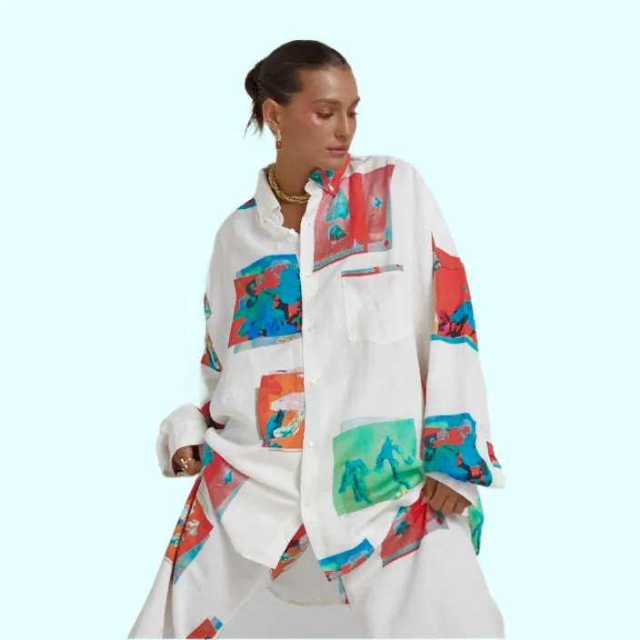 SUMMI SUMMI Womens Long Sleeve Oversize Linen Shirt - Montage White