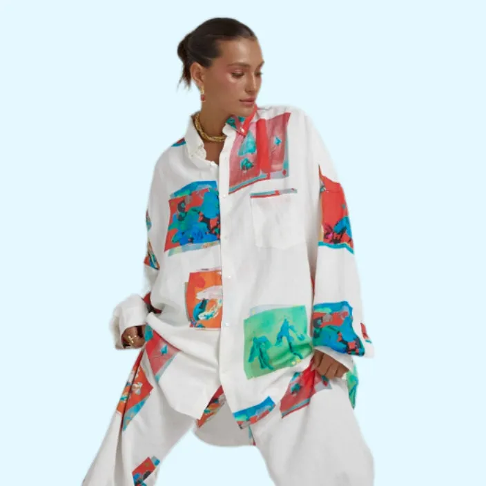 SUMMI SUMMI Womens Long Sleeve Oversize Linen Shirt - Montage White