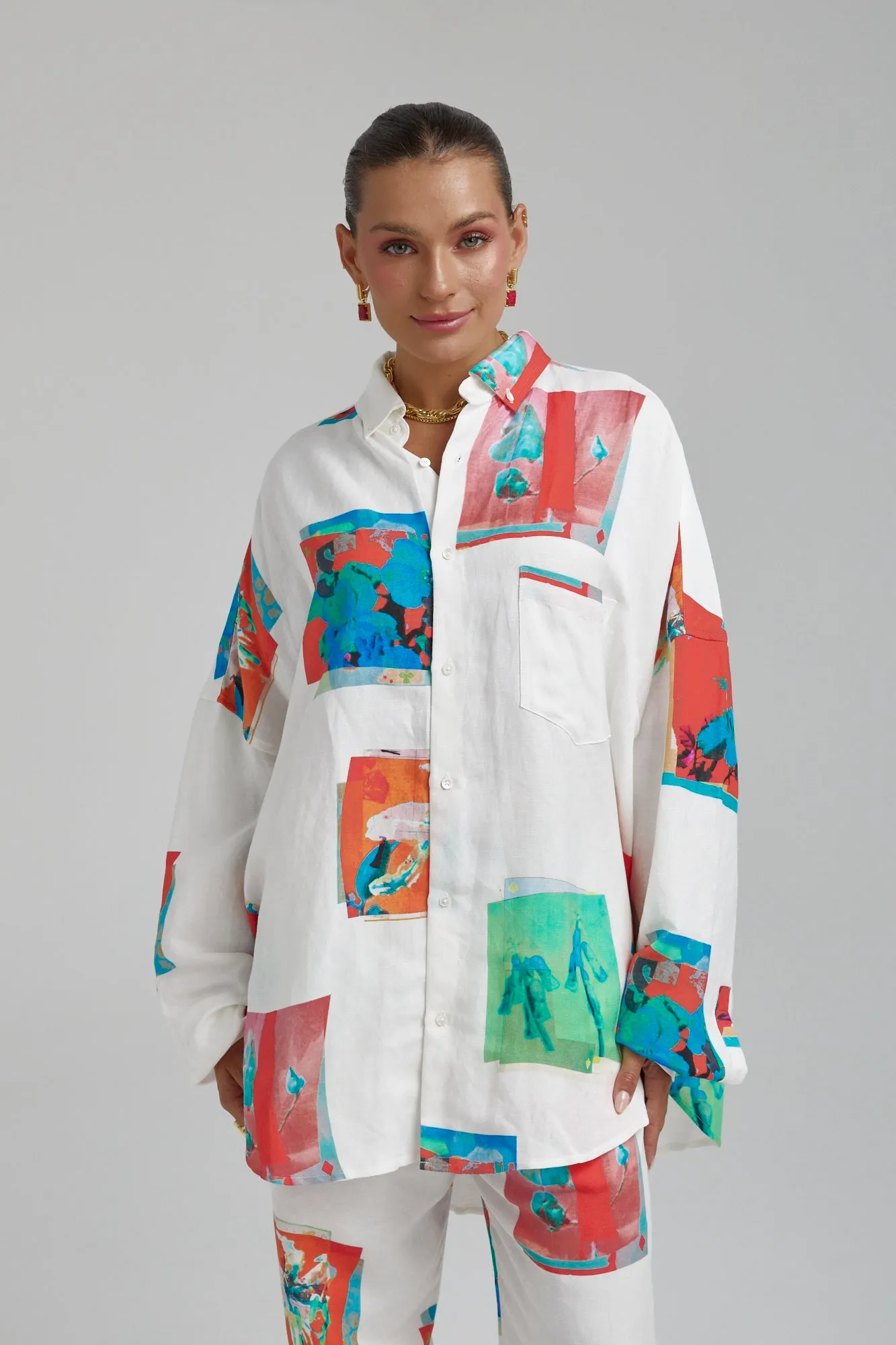 SUMMI SUMMI Womens Long Sleeve Oversize Linen Shirt - Montage White