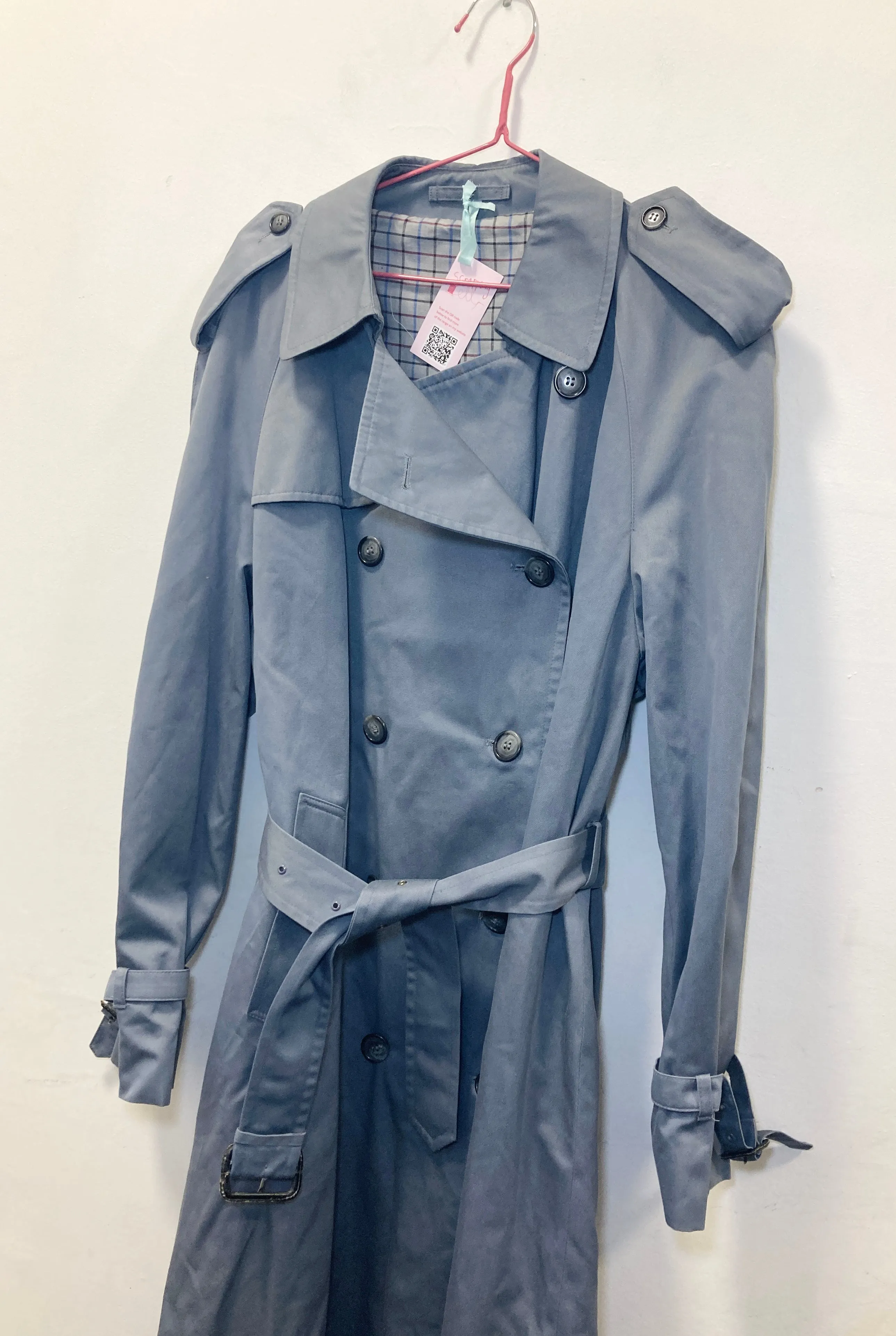 Vintage 80s Blue Long Belted Trench Coat - Up To Size 14