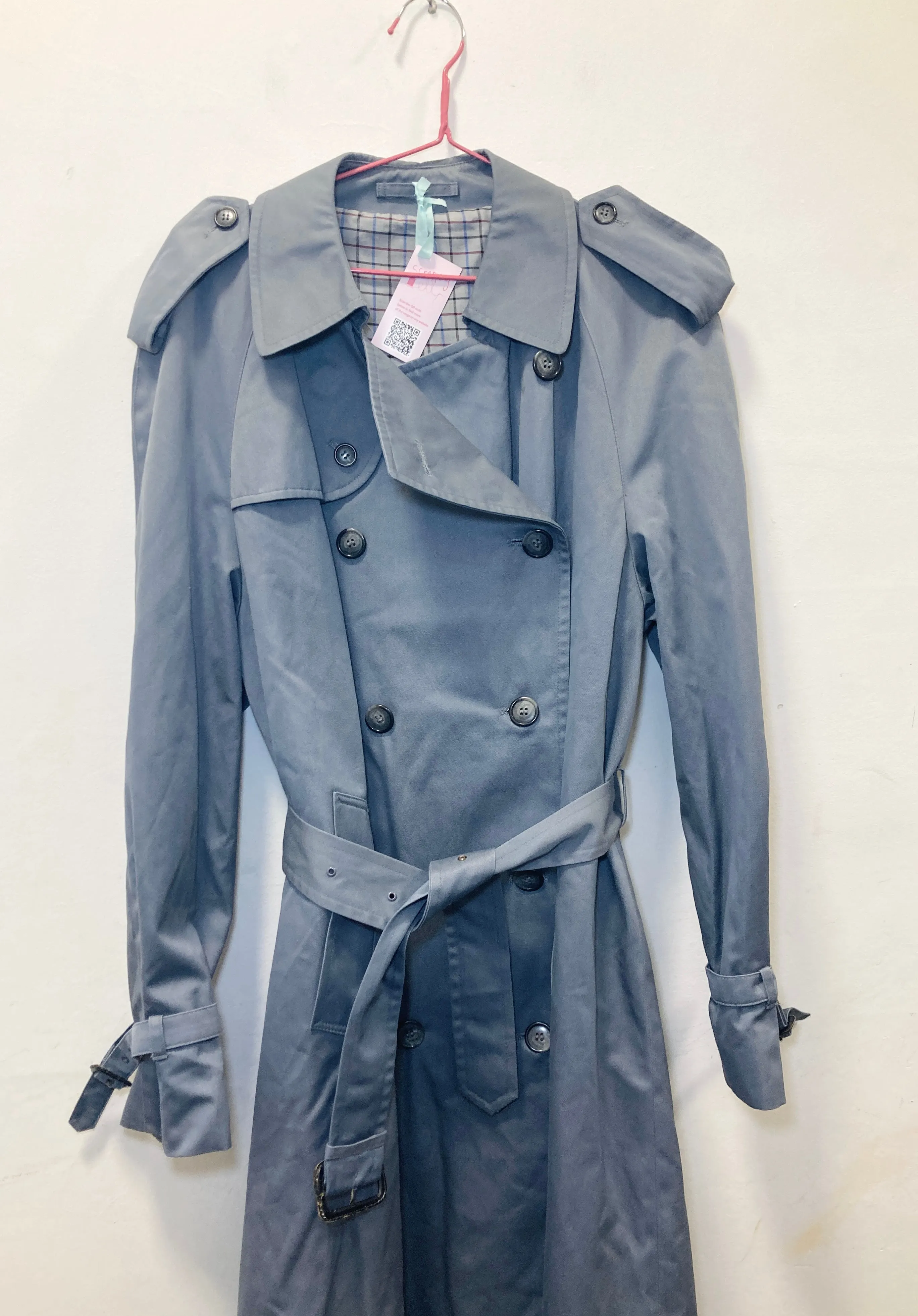 Vintage 80s Blue Long Belted Trench Coat - Up To Size 14