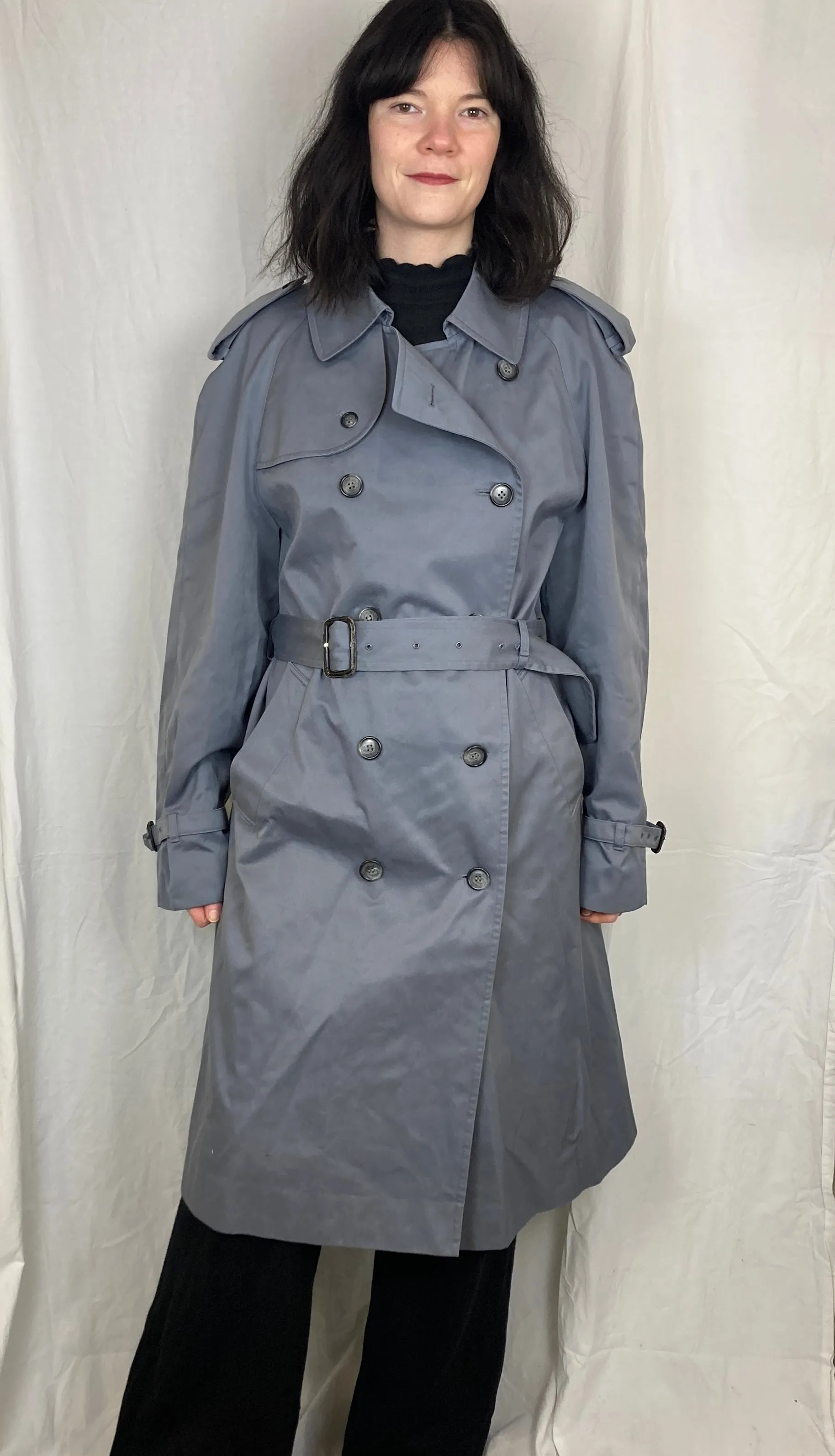 Vintage 80s Blue Long Belted Trench Coat - Up To Size 14