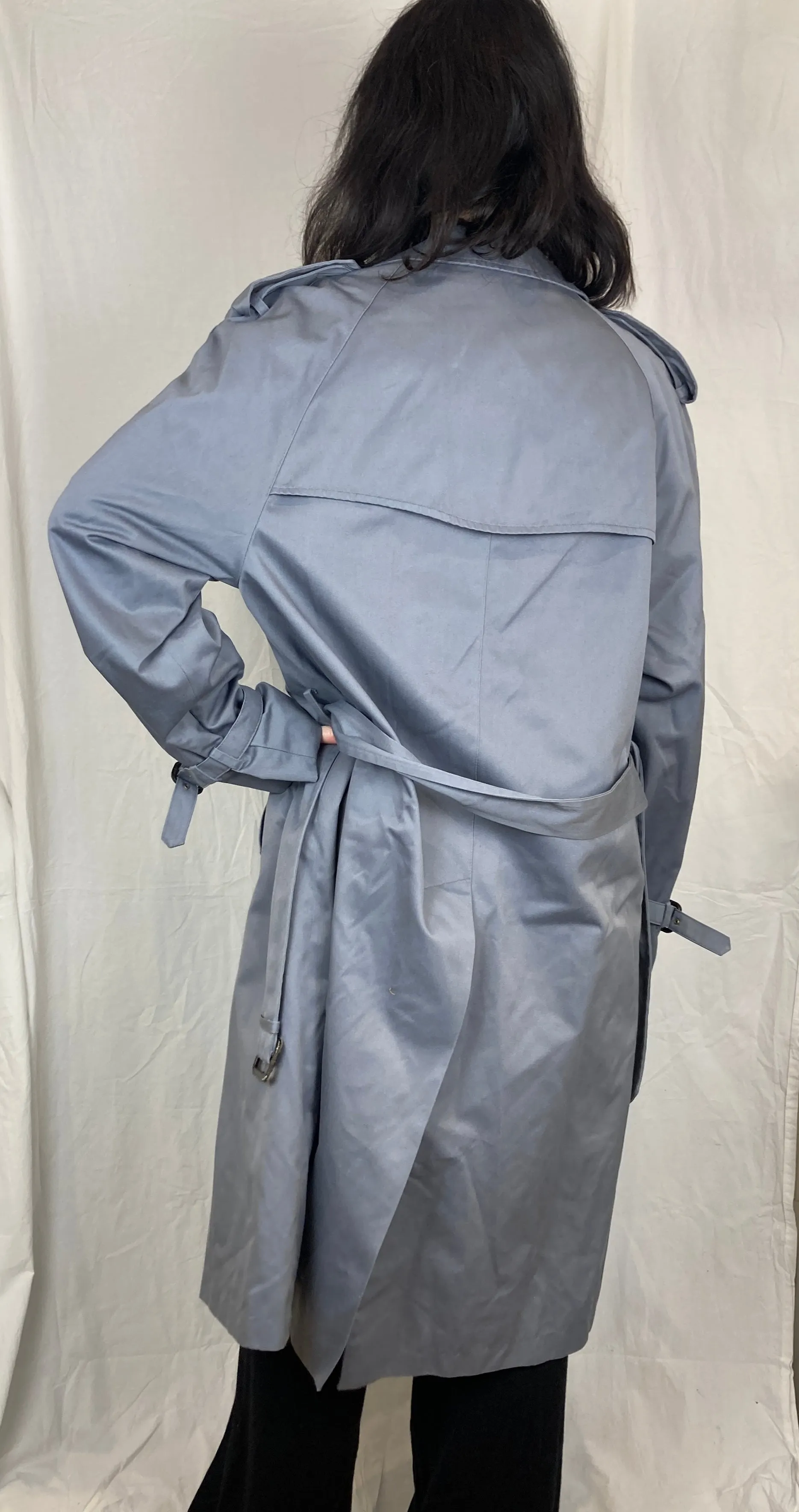 Vintage 80s Blue Long Belted Trench Coat - Up To Size 14