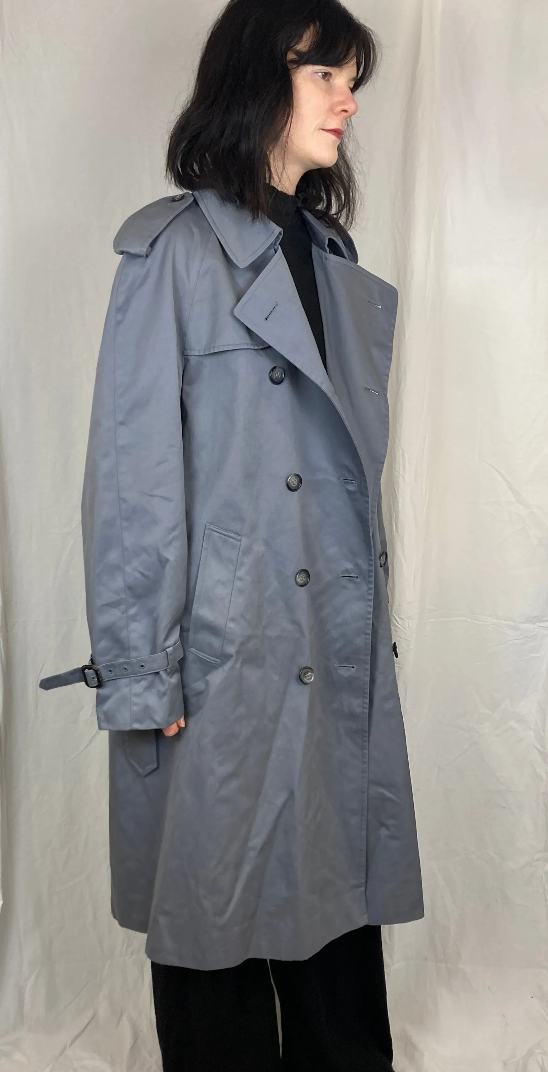 Vintage 80s Blue Long Belted Trench Coat - Up To Size 14