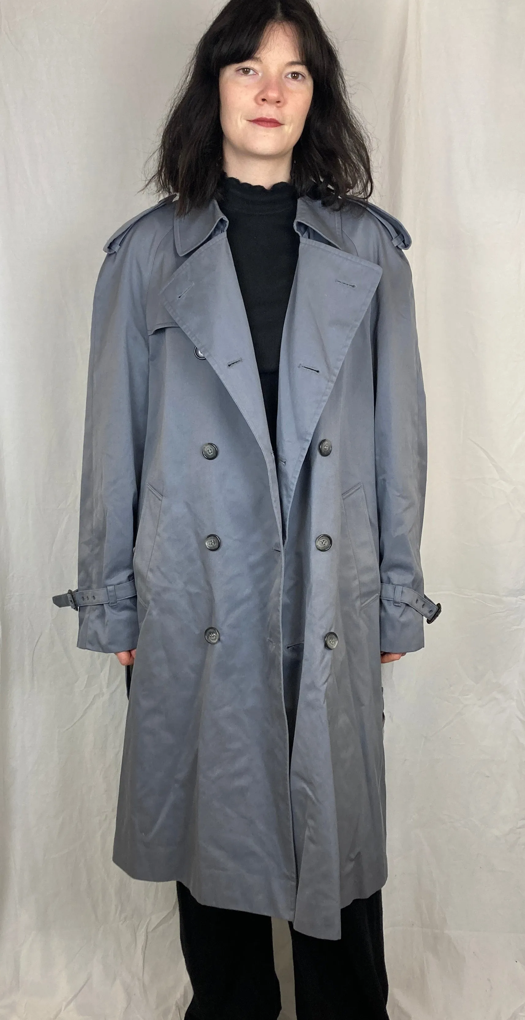 Vintage 80s Blue Long Belted Trench Coat - Up To Size 14