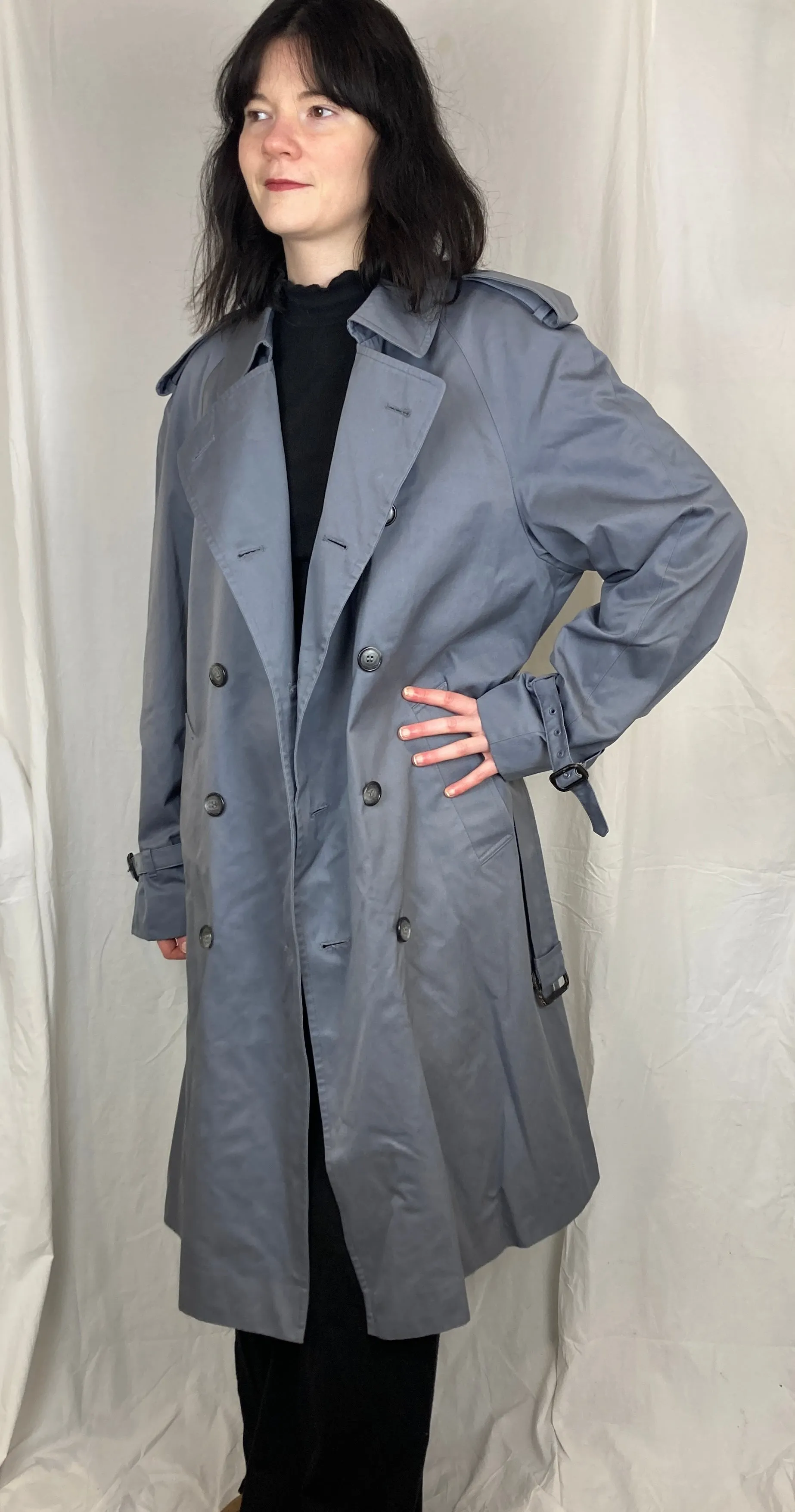 Vintage 80s Blue Long Belted Trench Coat - Up To Size 14
