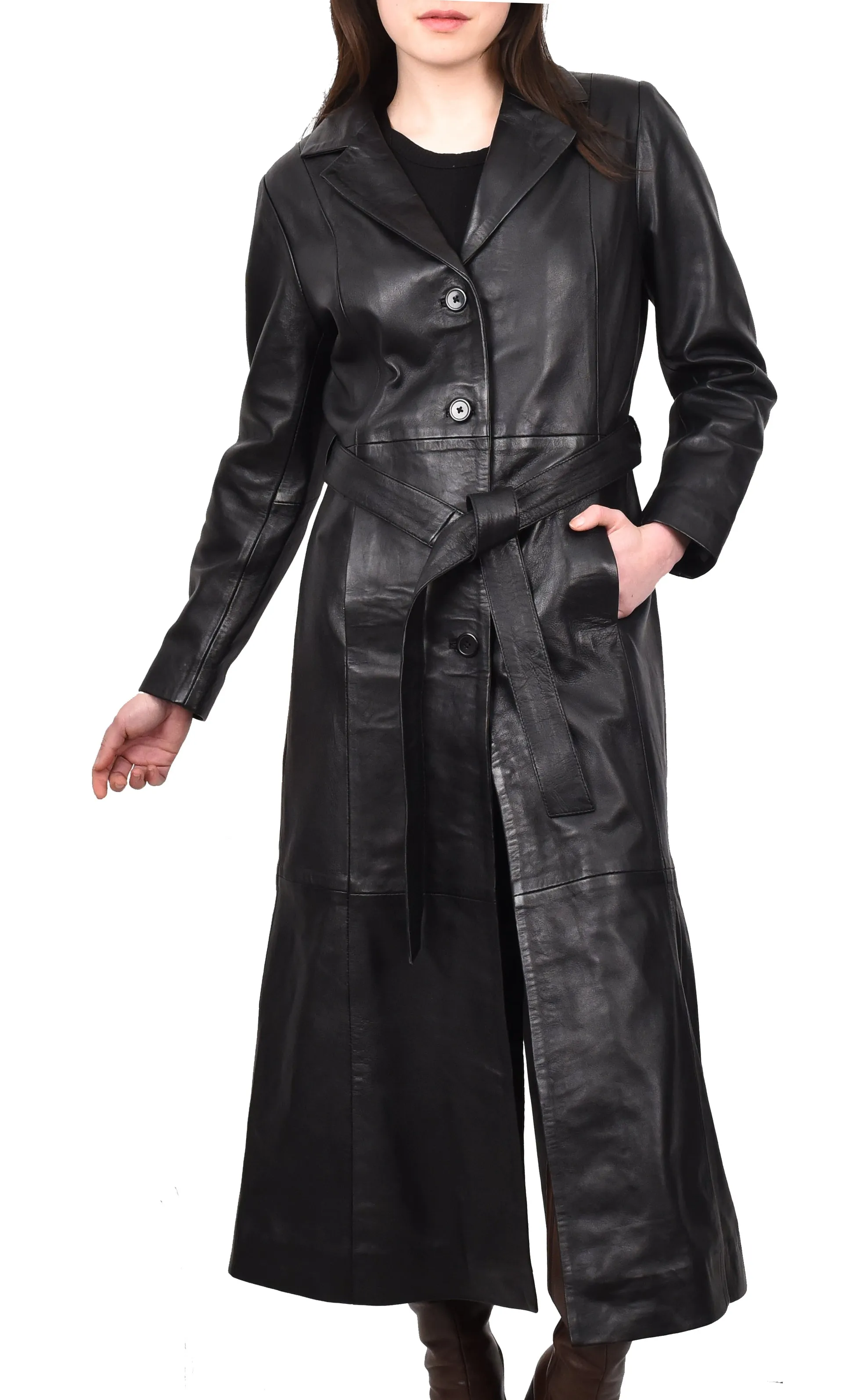 Women's Real Leather Classic Full Length Long Coat Winter Black Ravenrobe