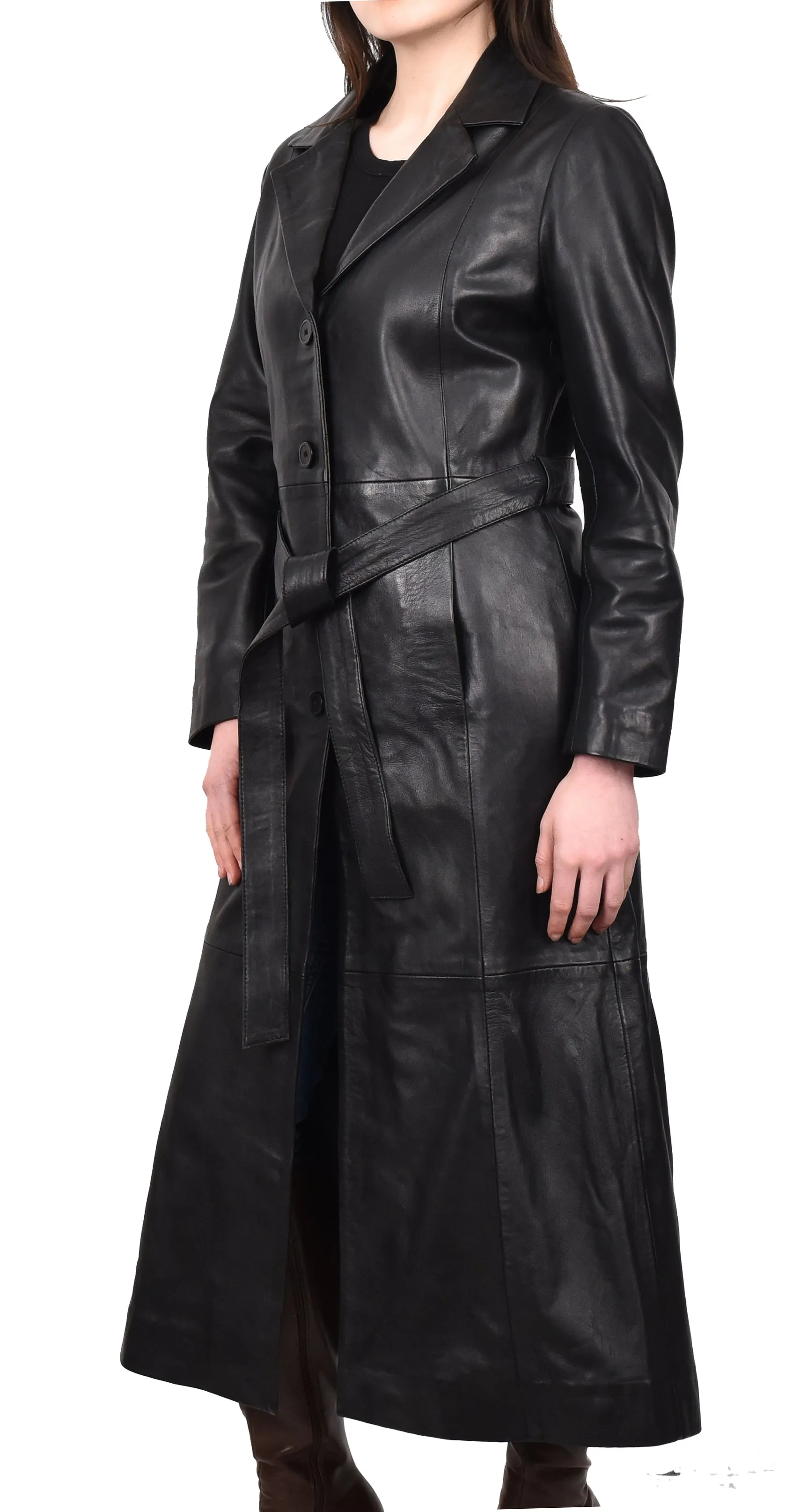 Women's Real Leather Classic Full Length Long Coat Winter Black Ravenrobe