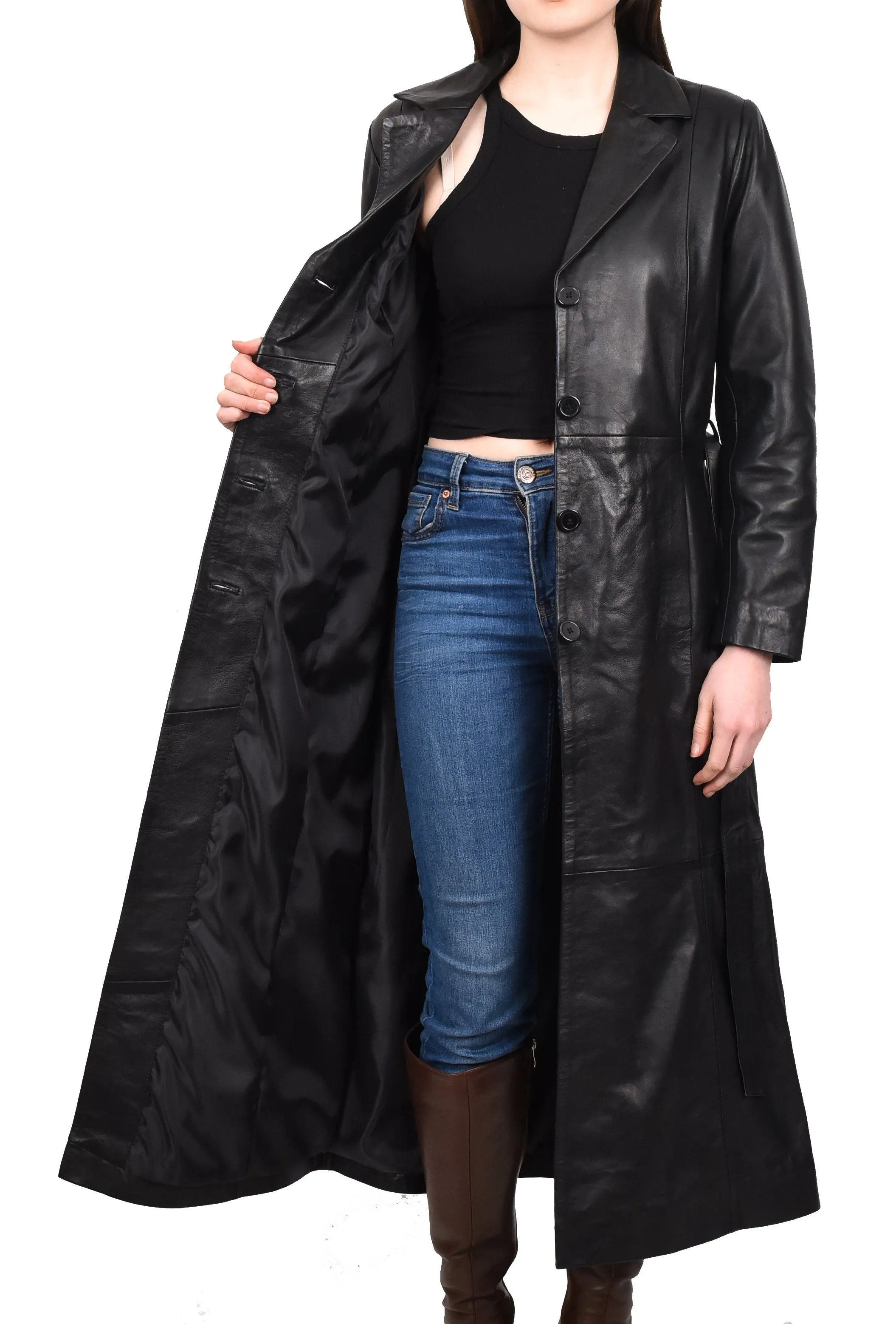 Women's Real Leather Classic Full Length Long Coat Winter Black Ravenrobe