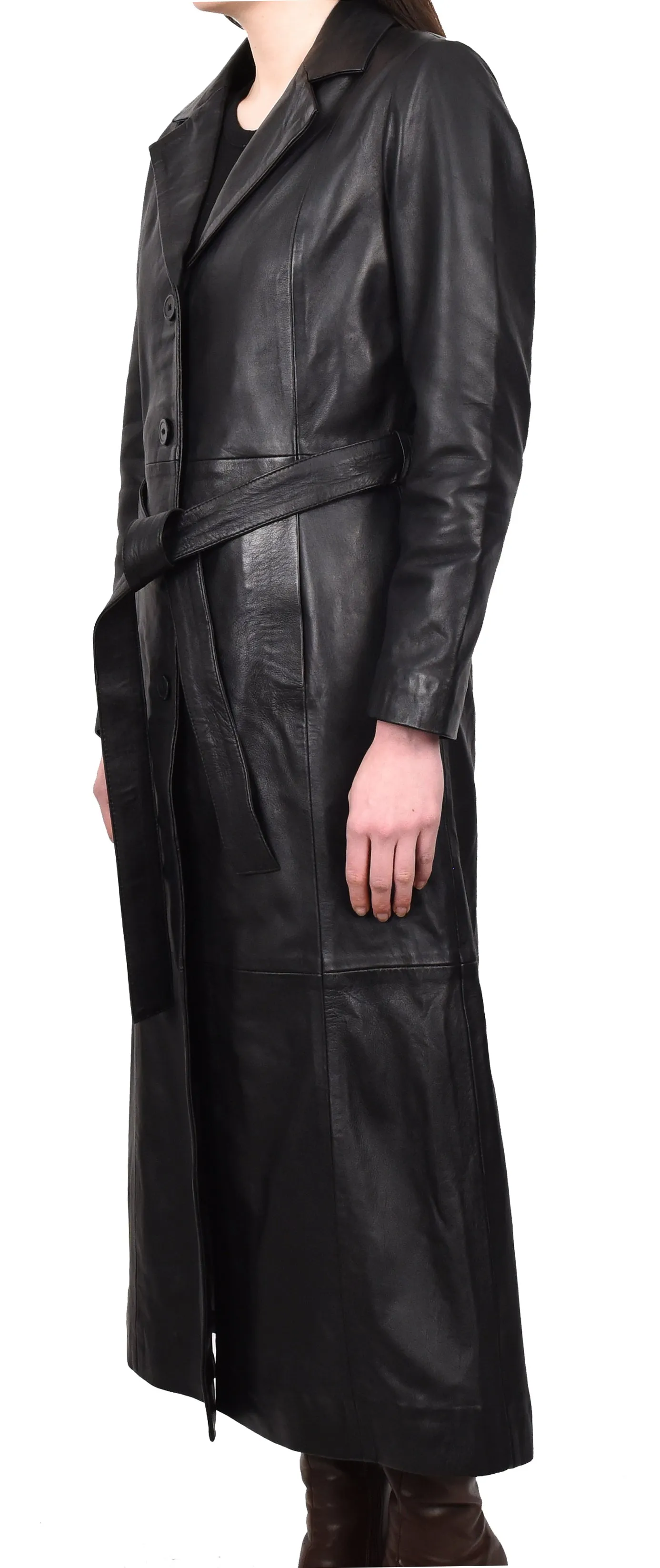 Women's Real Leather Classic Full Length Long Coat Winter Black Ravenrobe