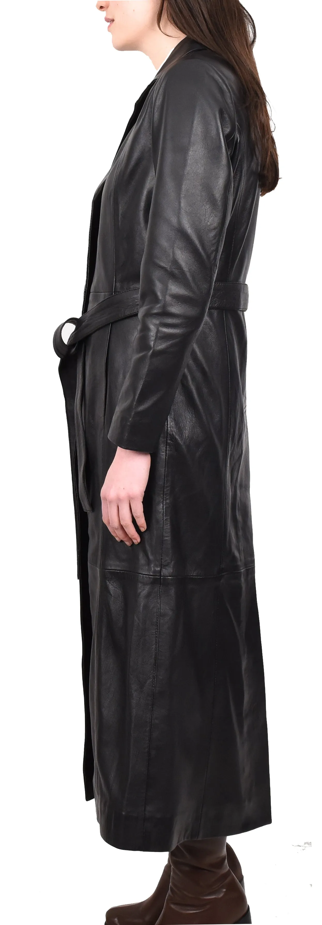Women's Real Leather Classic Full Length Long Coat Winter Black Ravenrobe