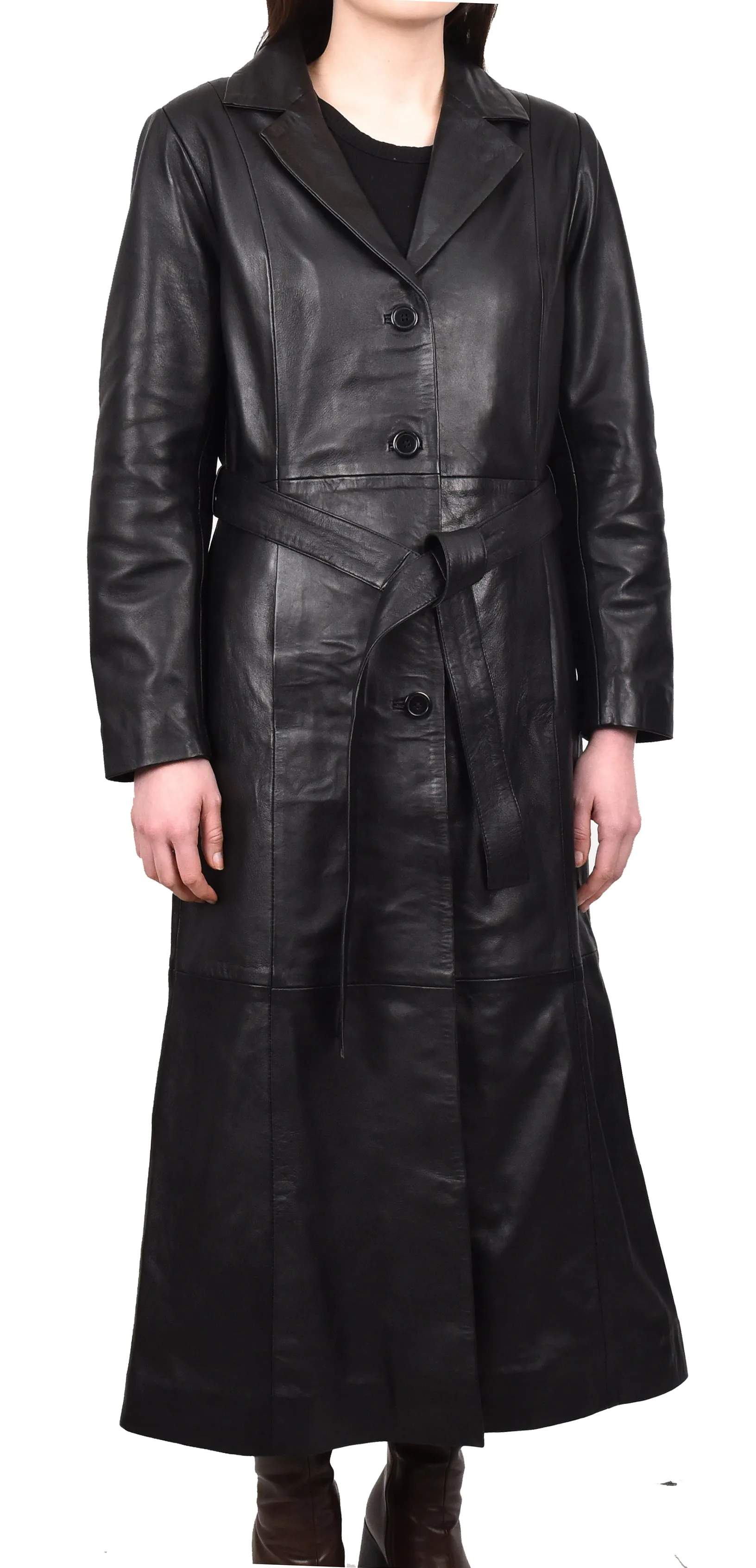 Women's Real Leather Classic Full Length Long Coat Winter Black Ravenrobe