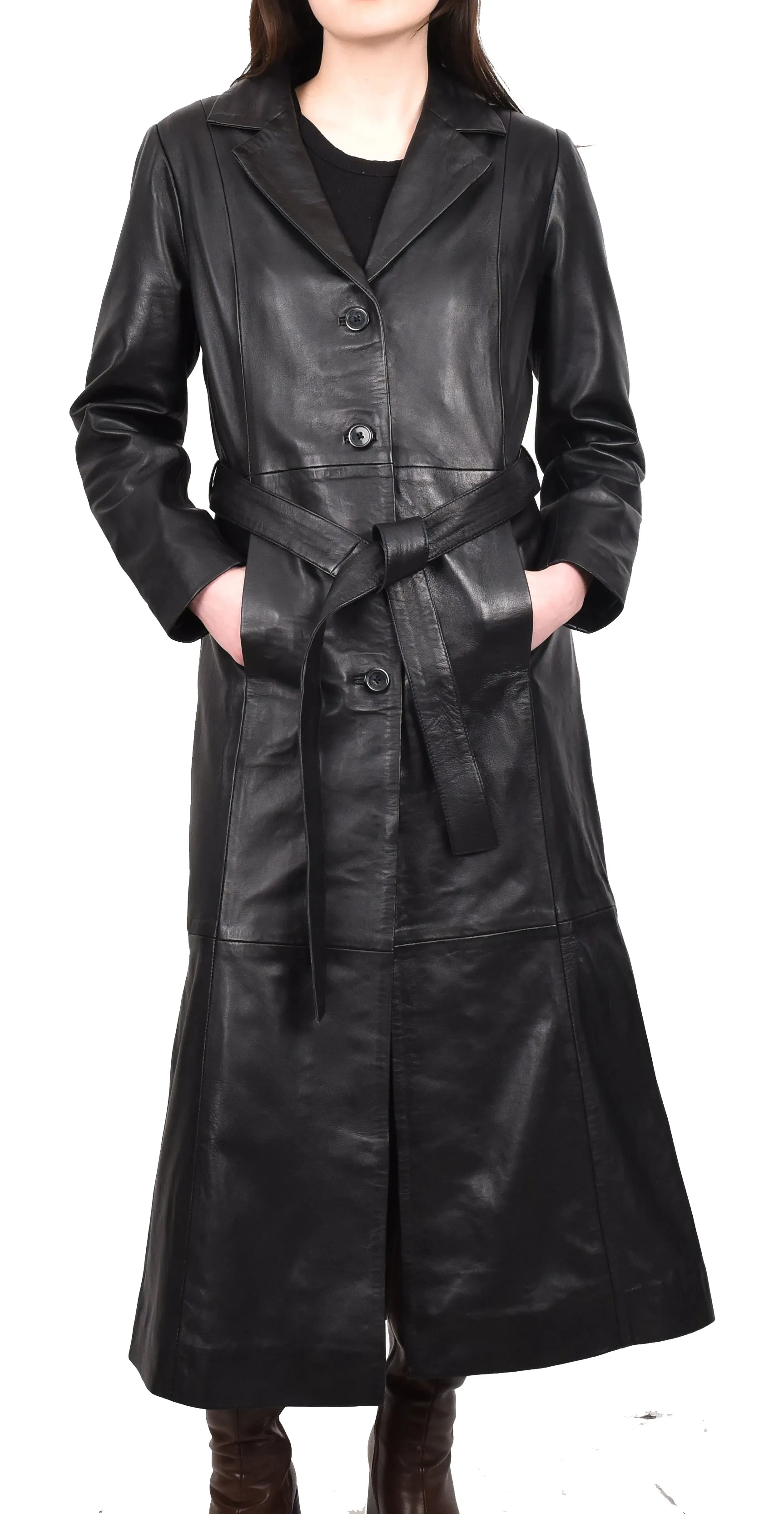 Women's Real Leather Classic Full Length Long Coat Winter Black Ravenrobe