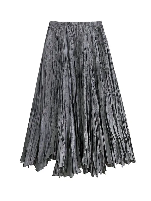 xakxx A-Line Irregular Clipping High-Waisted Pleated Solid Color Skirts