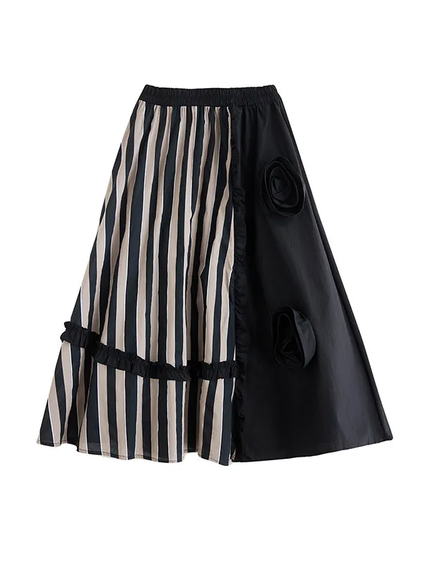 xakxx Elastics High Waisted Loose Flower-Embellished Split-Joint Skirts Bottoms