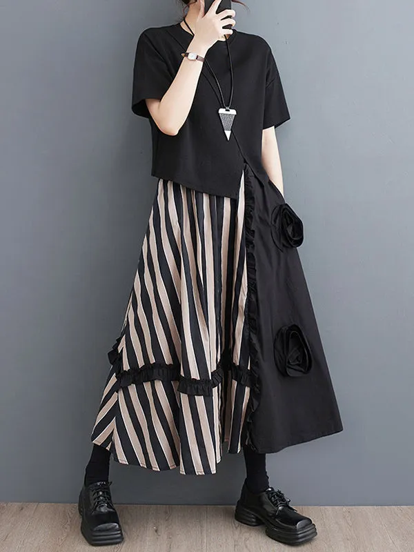 xakxx Elastics High Waisted Loose Flower-Embellished Split-Joint Skirts Bottoms