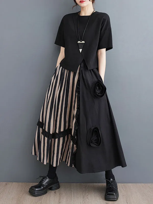 xakxx Elastics High Waisted Loose Flower-Embellished Split-Joint Skirts Bottoms