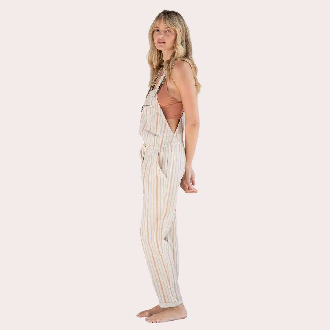 Yarn Dye Stripe Linen Blend Casual Overalls (Natural   Terraco)