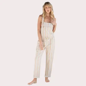 Yarn Dye Stripe Linen Blend Casual Overalls (Natural   Terraco)
