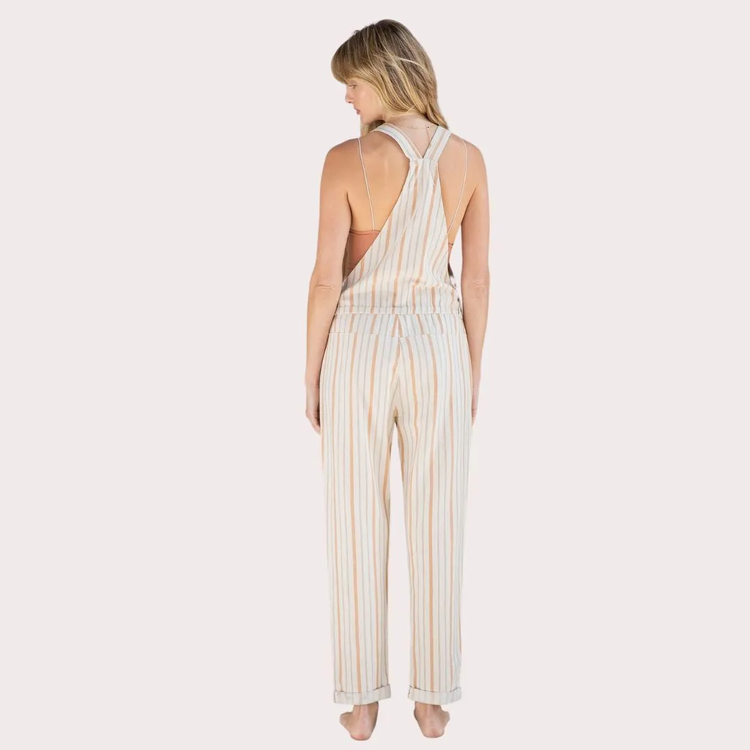 Yarn Dye Stripe Linen Blend Casual Overalls (Natural   Terraco)