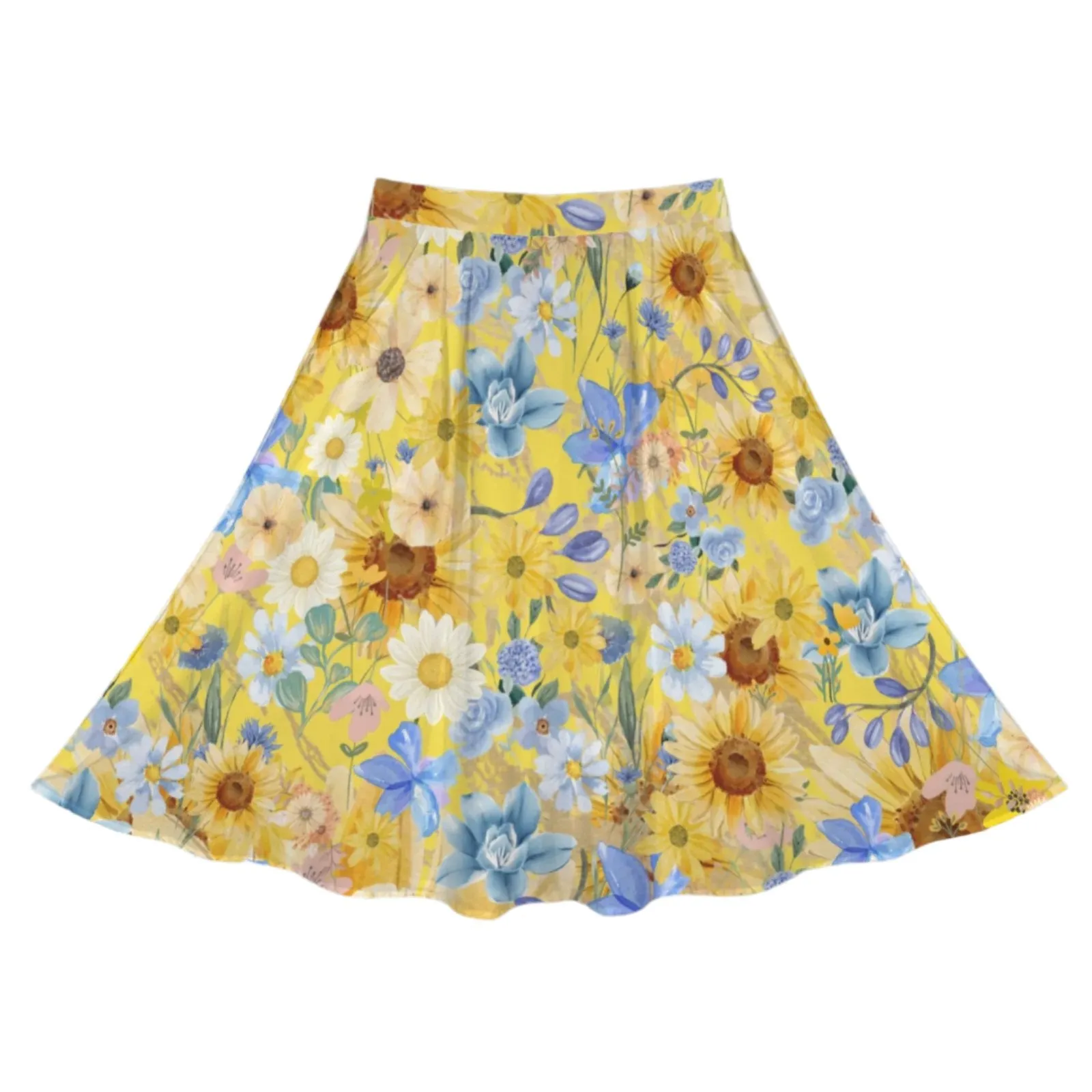 Yellow Floral Art Mid Length Skirt with Pockets up to 5 XL (FWS)
