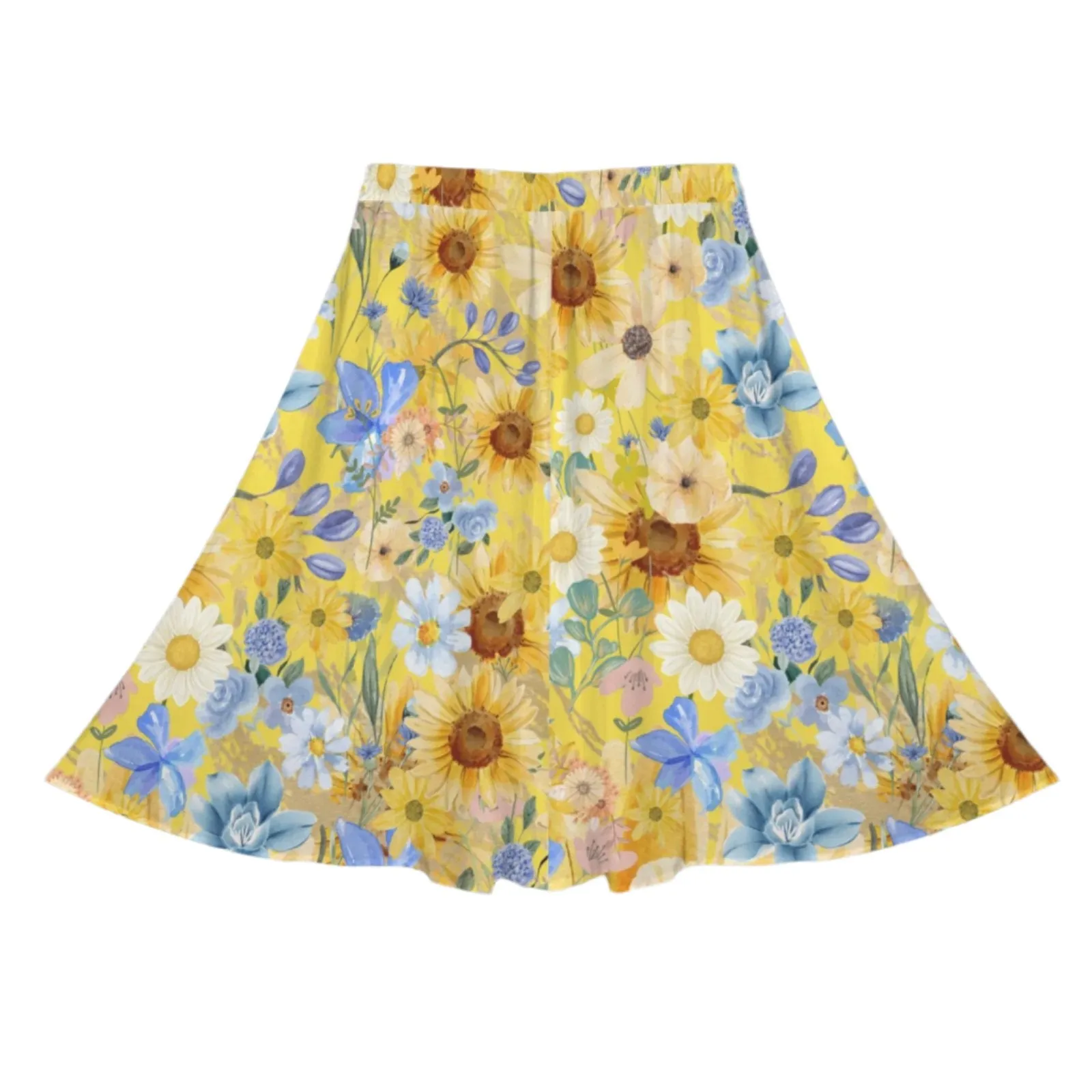 Yellow Floral Art Mid Length Skirt with Pockets up to 5 XL (FWS)